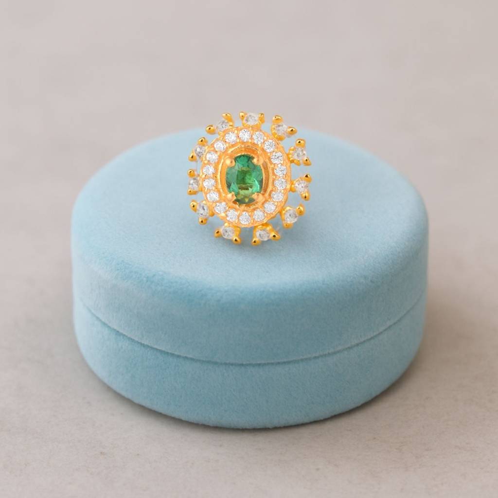 Green Cz Double Halo Nose Pin - Sterling Silver Gold Plated : NP-00202_925S_SW277_GRCZ