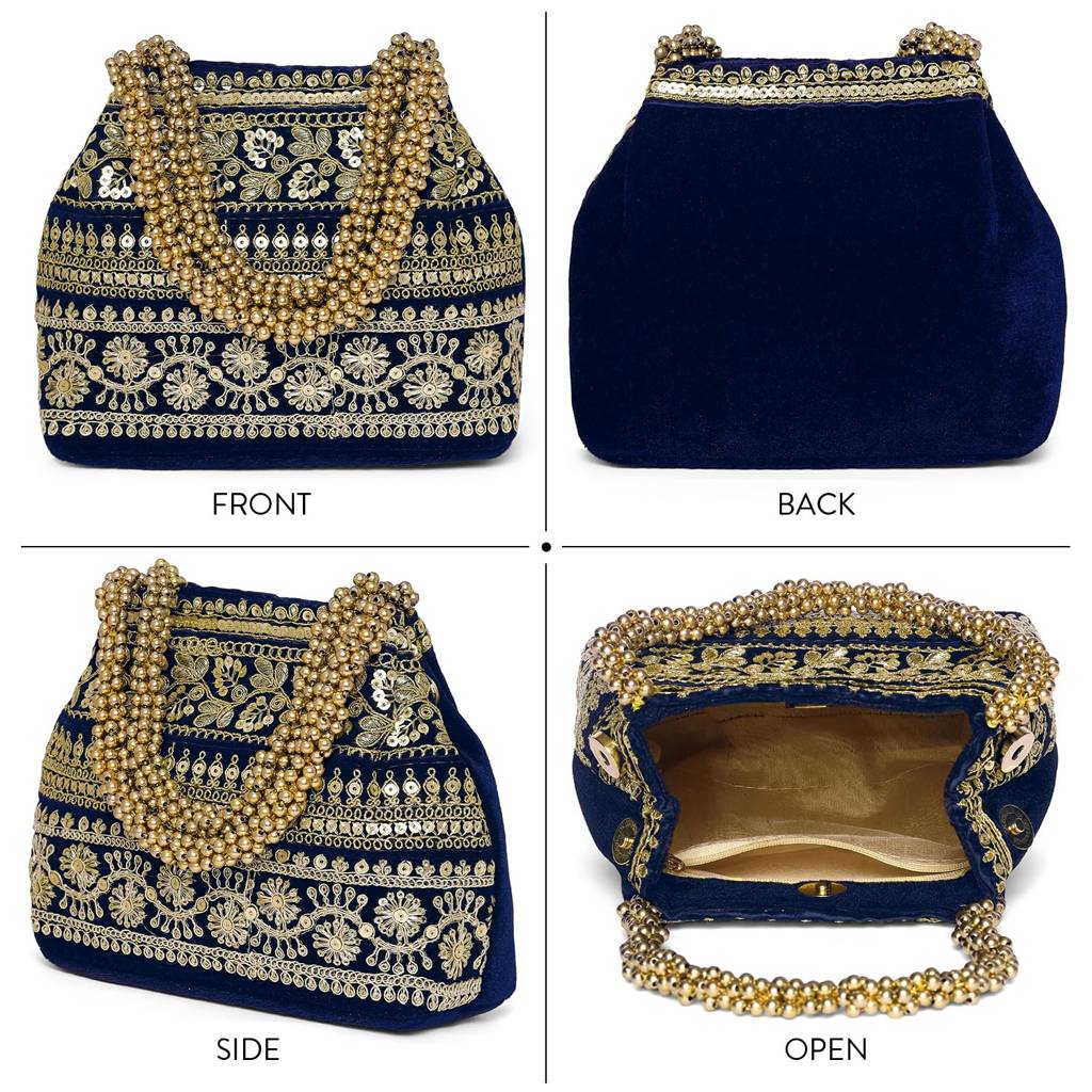 Blue Floral Potli Purse For Women Handmade Ethnic Handbag Stylish Bridal Fashion Wristlet Bag For Girls : P203B-F