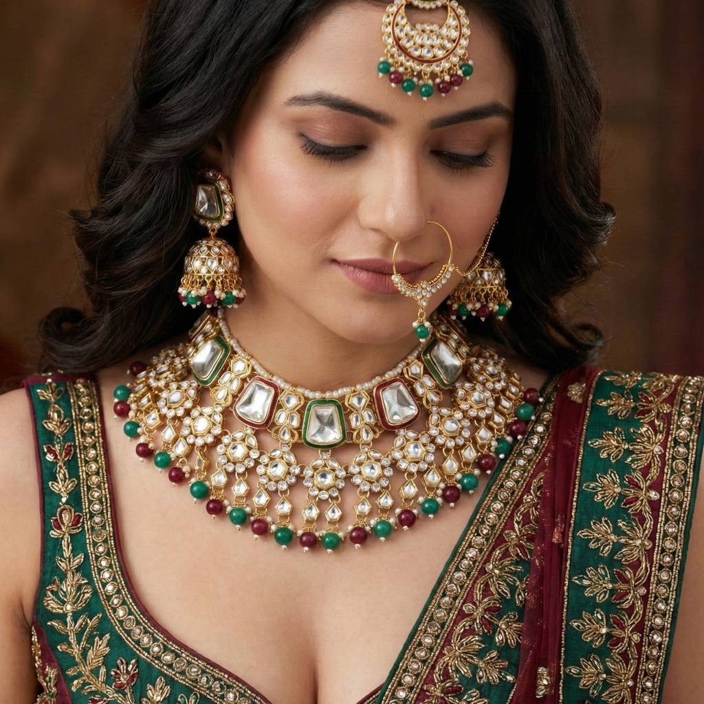 18 Kt Gold Plated Bridal & Semi-Bridal Necklace Set With Earrings, Maang Tikka & Nath : 2476-M8SK-1101-MG
