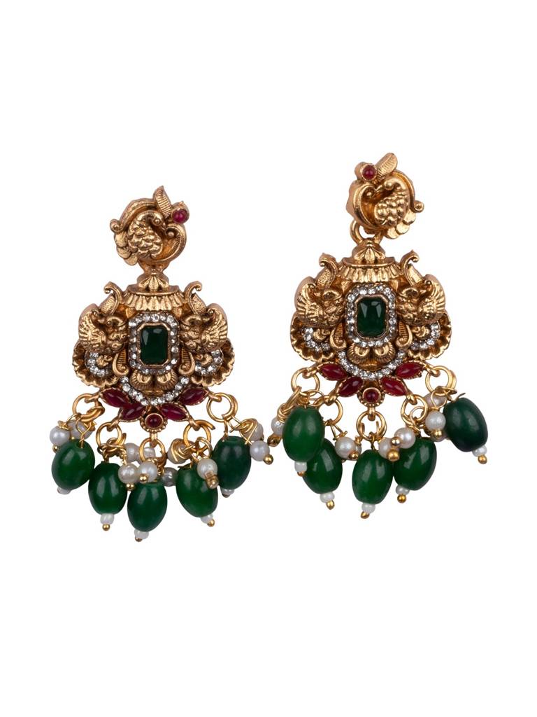 Classic South Indian Temple Golden Necklace Set : SATJS368GREEN