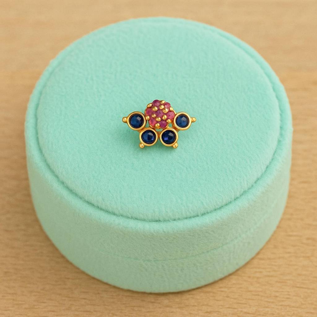 Red & Blue Cz Floral Nose Pin - Sterling Silver Gold Plated : NP-00097_925S_W_RED