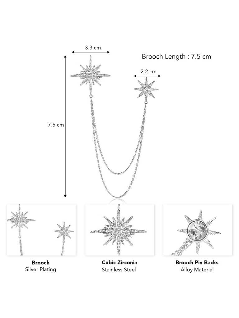 Peora Silver Plated Cubic Zirconia Studded Star Double Chain Pin Brooch Stylish Jewellery For Men : PX9BH05S