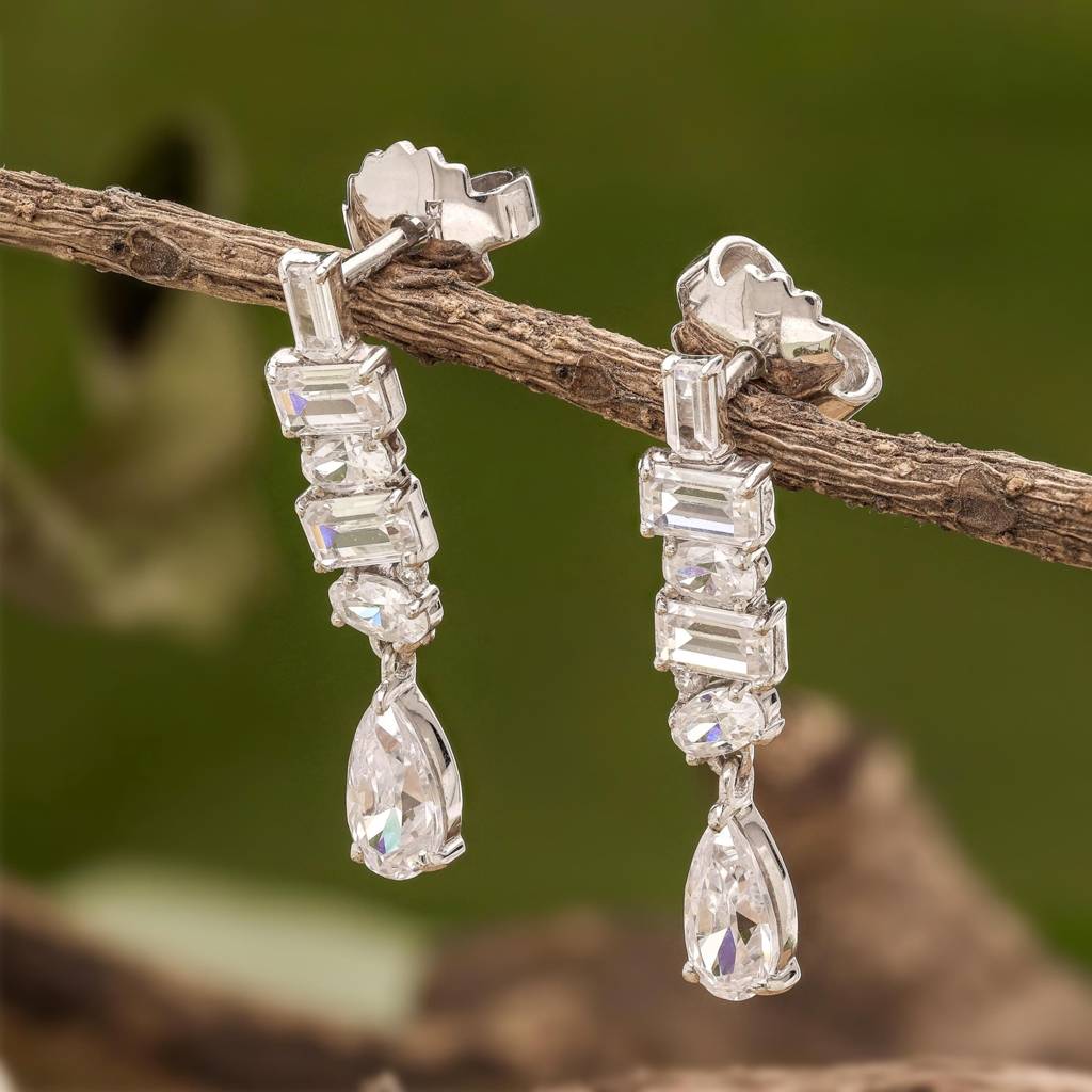 925 Silver Baguette Teardrop Cz Dangle Earrings Bridal : SE_000963