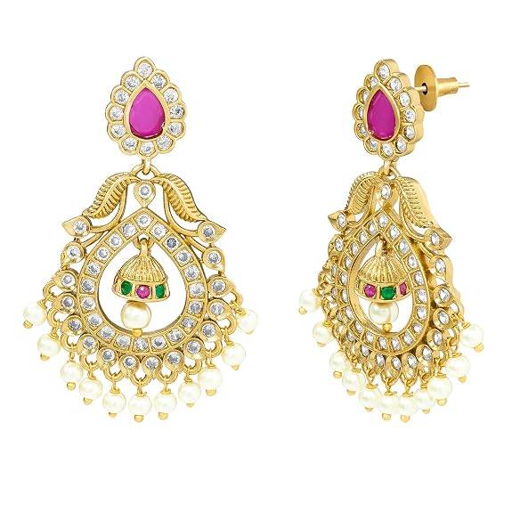 Ethnic Dangle Earrings For Women & Girls Gold Plated Faux Ruby & Cubic Zirconia Studded Festive Bridal Jewellery B : PF76E03RG