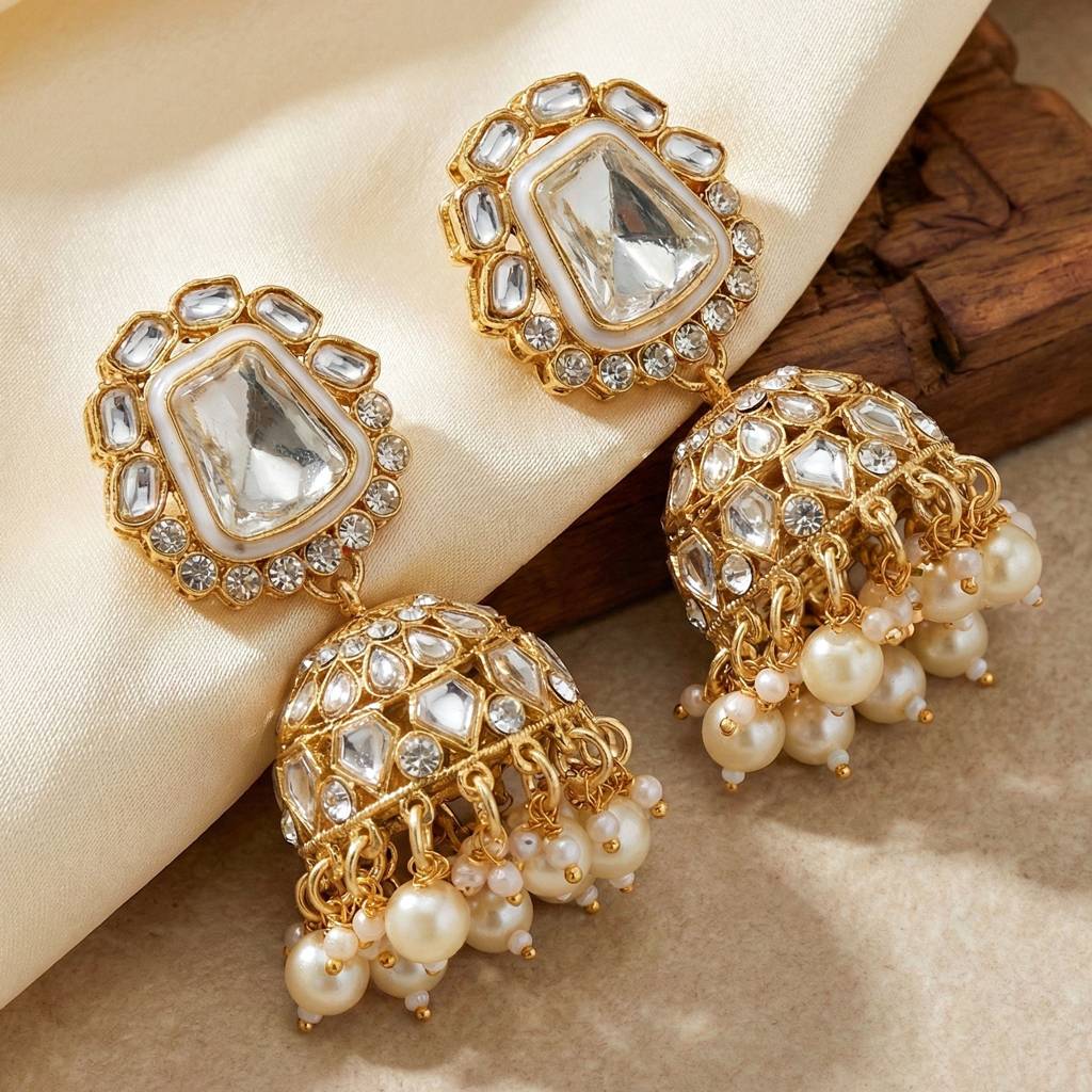 18 Kt Gold Plated Bridal & Semi-Bridal Necklace Set With Earrings, Maang Tikka & Nath : 2476-M8SK-1101-W