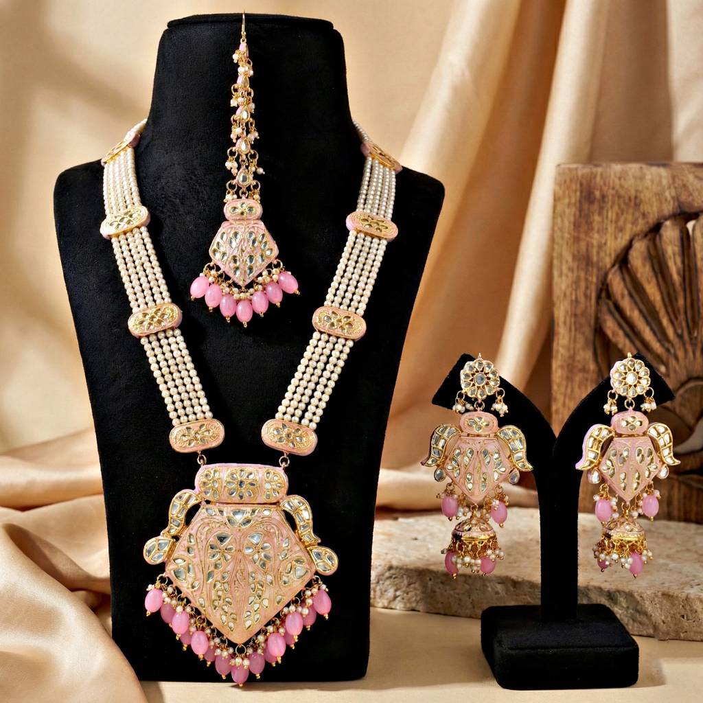 Traditional Turquoise Long Necklace Set For Women |Gold Plated Meenakari Bridal Jewellery Set With Earring : 2970-J5SK-2300-PK
