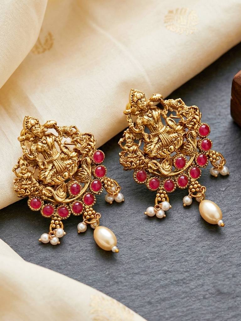 Gold-Plated Temple Jewellery Laxmi Idol Ruby Color Necklace Set With Earrings For Women | Traditional South I : 660-G2SR-196-R
