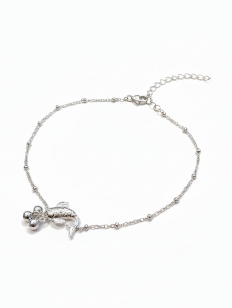 925 Sterling Silver Koi Fish Anklet With Silver Beads : SILANKCH026