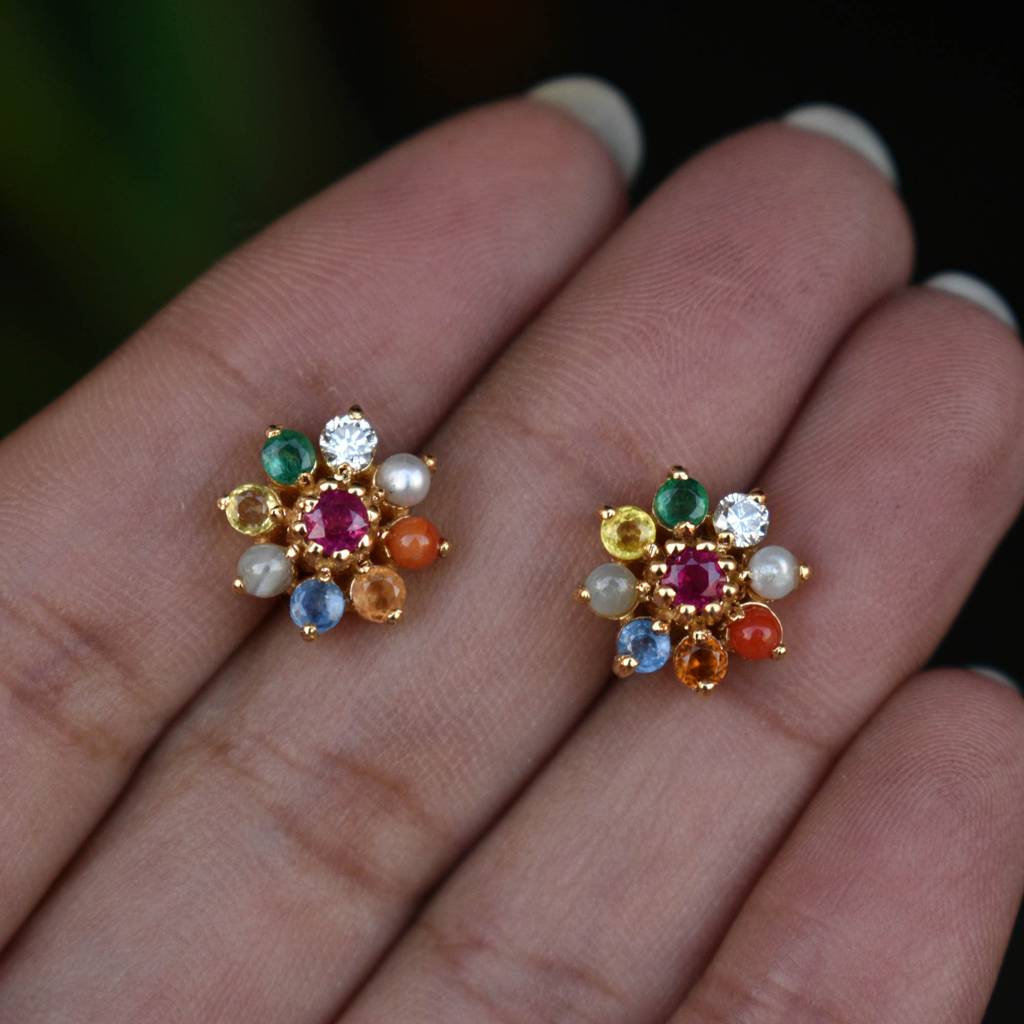 Navratan Diamond Diamond Earrings Studs In 14K Yellow Gold : T588-14Y-S-P