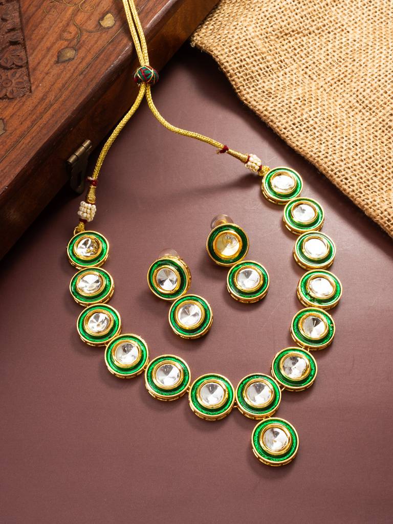 All-Over Round Polki Kundan Necklace Set With Meenakari Enamel And Stud Earrings : NK4341