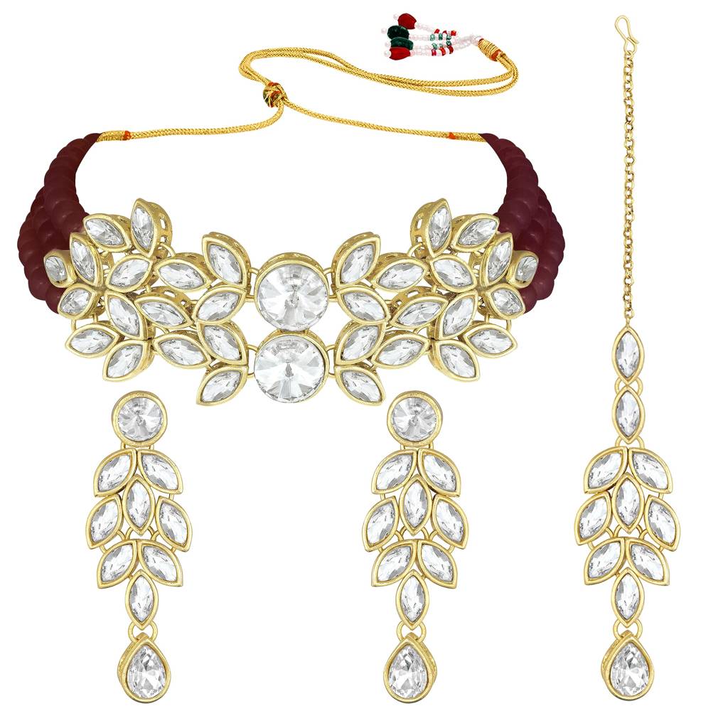 Gold Plated Bridal Crystal Pearl Choker Necklace With Drop Earrings Traditional Jewellery Set For Women : PF24N10204M