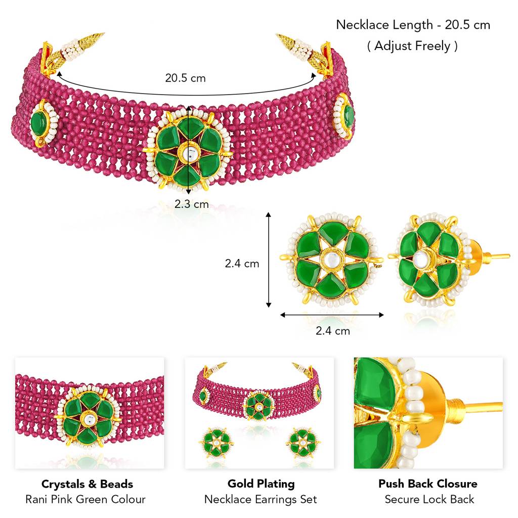 Peora Gold Plated Crystals & Beads Studded Rani Pink Green Necklace & Stud Earrings Traditional Jewellery Set For : PF104N19RG