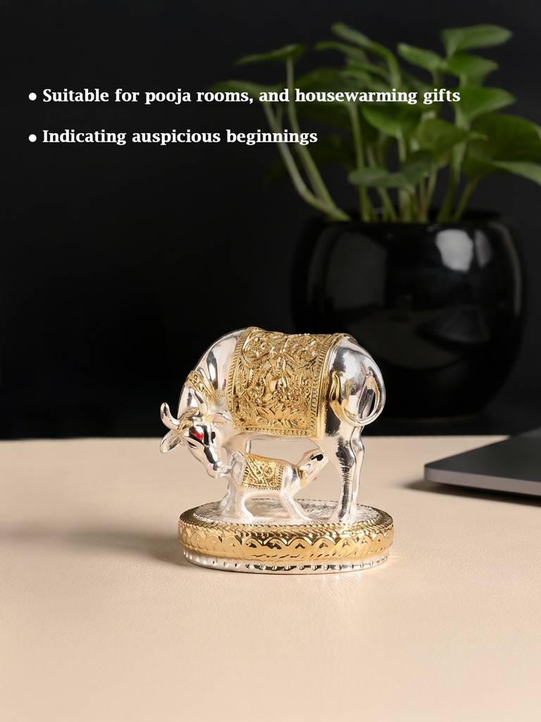 999 Silver Plated Kamdhenu Cow Figurine : GXGFT451
