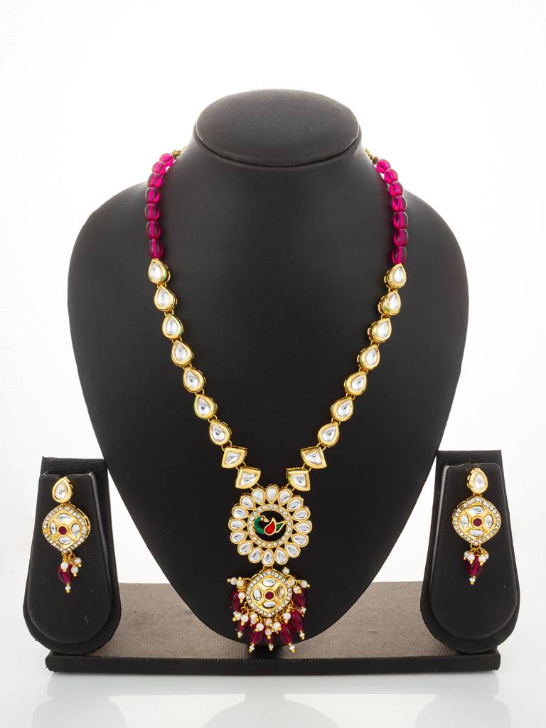 Gold-Plated Kundan Long Necklace Set With Beads And Floral Meenakari Pendant And Earrings : NK4918