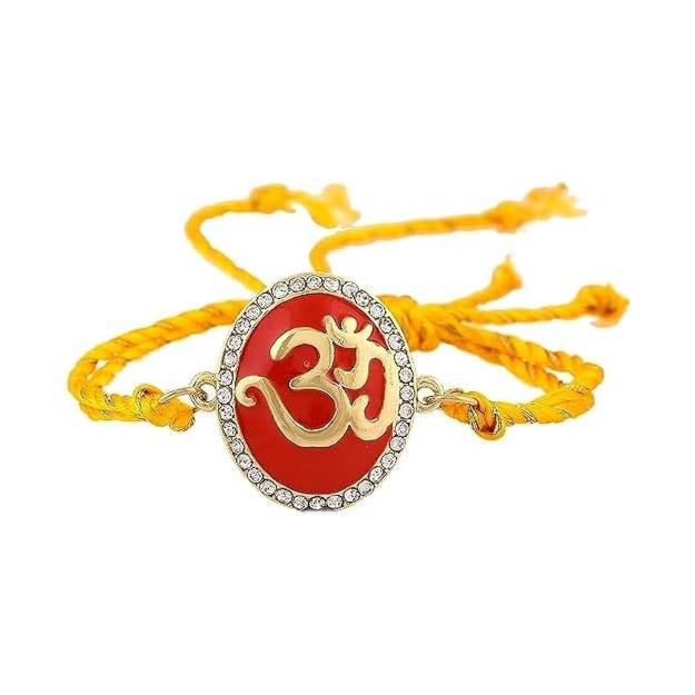 Gold Plated Eternal Om Rakhi With Red Enamel And Austrian Crystals & Fancy Silk Thread : 172-IG-RAKHI