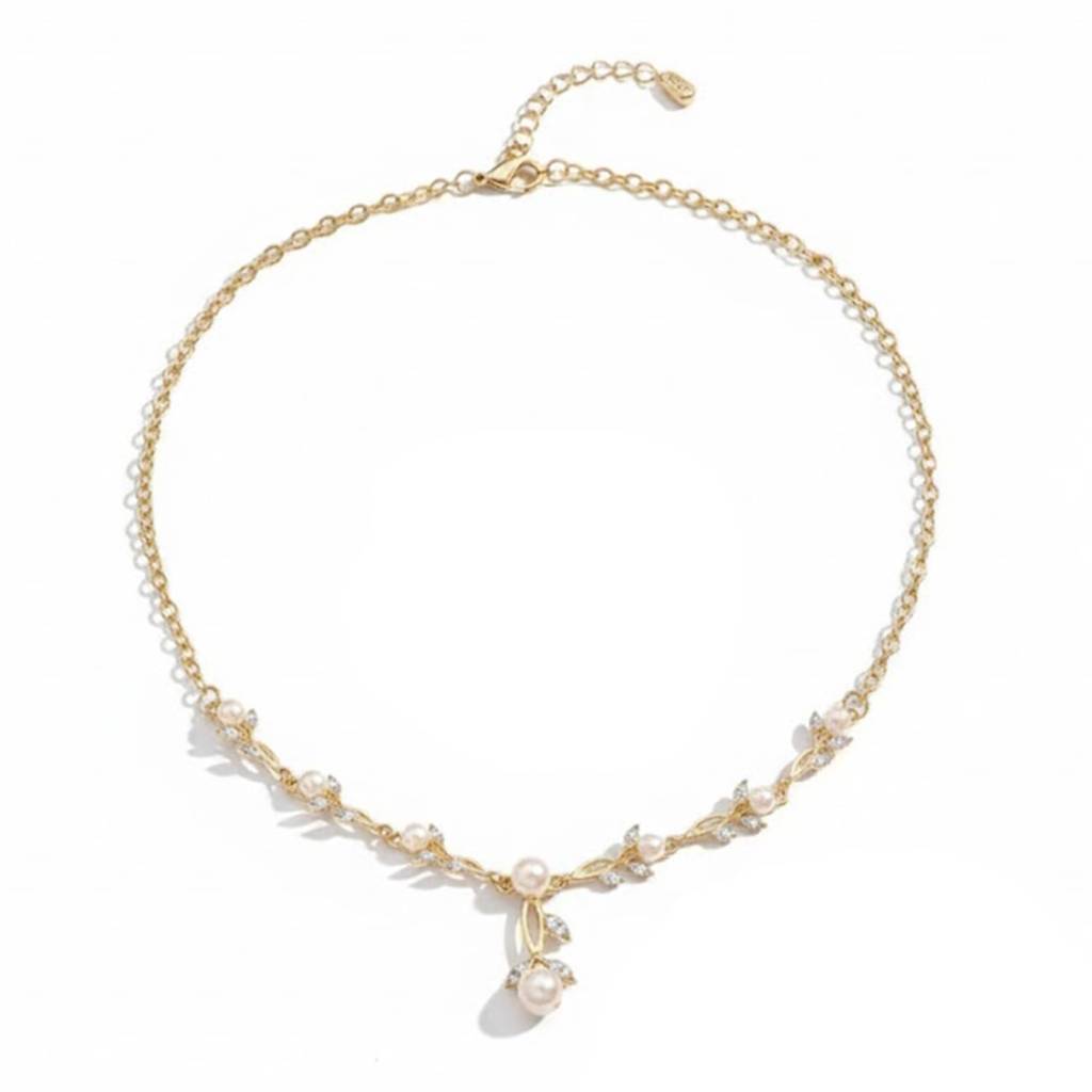 Gold Plated Pearl Studded Floral Necklace Earrings Bracelet Set Fancy Contemporary Jewellery For Women & Girls : PX9N250GW