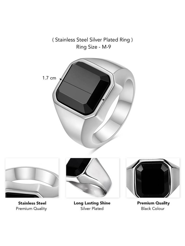 Peora Black Stone Studded Silver Plated Finger Ring Fashion Fancy Jewellery Gift For Men & Boys (Us-9) : PX9R84-9