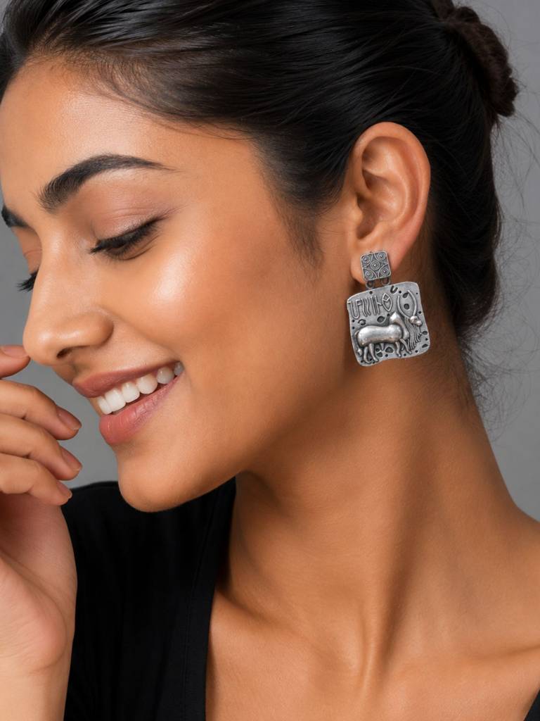 Silver Oxidised Tribal Earrings : DTINDHARRAPPAER-01