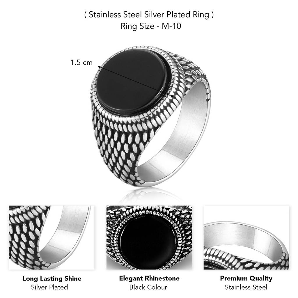 Peora Silver Plated Stainless Steel Black Stone Studded Fancy Signet Ring For Men & Boys (Us 10) : PX9R90-10