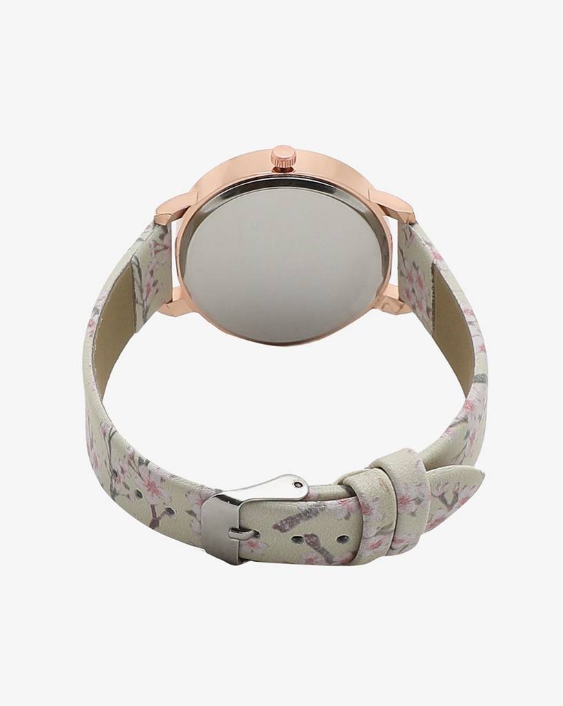Beige & Champagne Gold Decorative Analog Round Dial With Floral Printed Leather Strap : HSWC1023