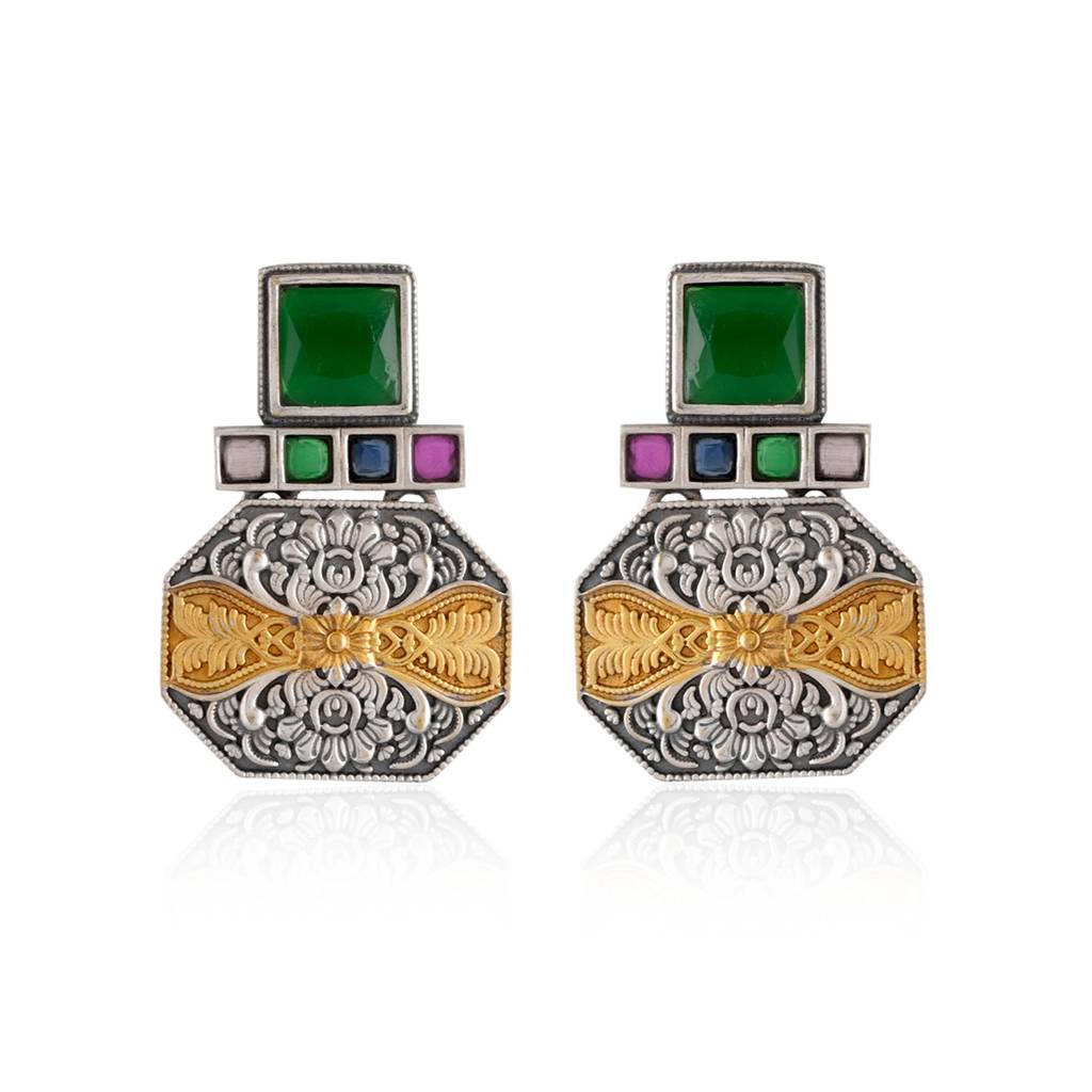 Oxidised Silver Choker & Earrings Set With Green Stone - Antique Elegance : 8905124582758