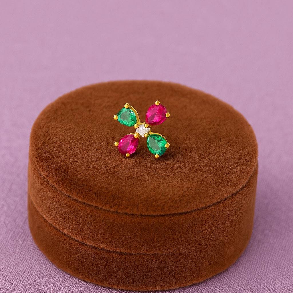 Red & Green Cz Floral Design Nose Pin - Sterling Silver Gold Plated : NP00086_925S_YG