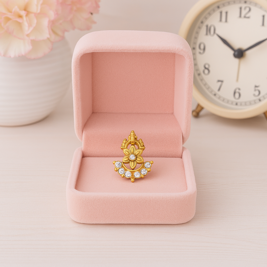 White Cz Temple-Inspired Floral  Nose Pin 925 Sterling Silver Gold Plated : NP-0024-N-1-snp-0011