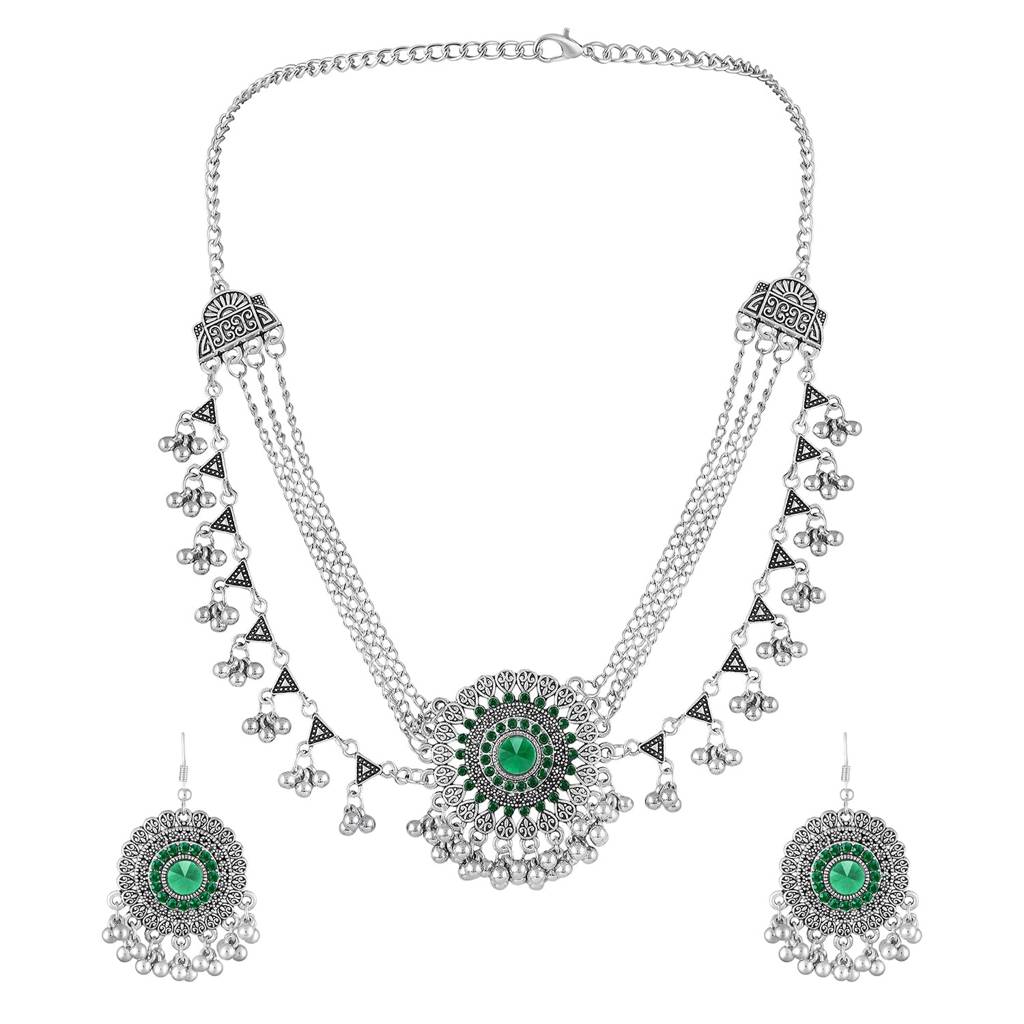 Green Stylish Oxidised Necklace Earrings Set For Women & Girls Silver Plated Crystals Studded Festive Fancy Desig : PX9N217GRN