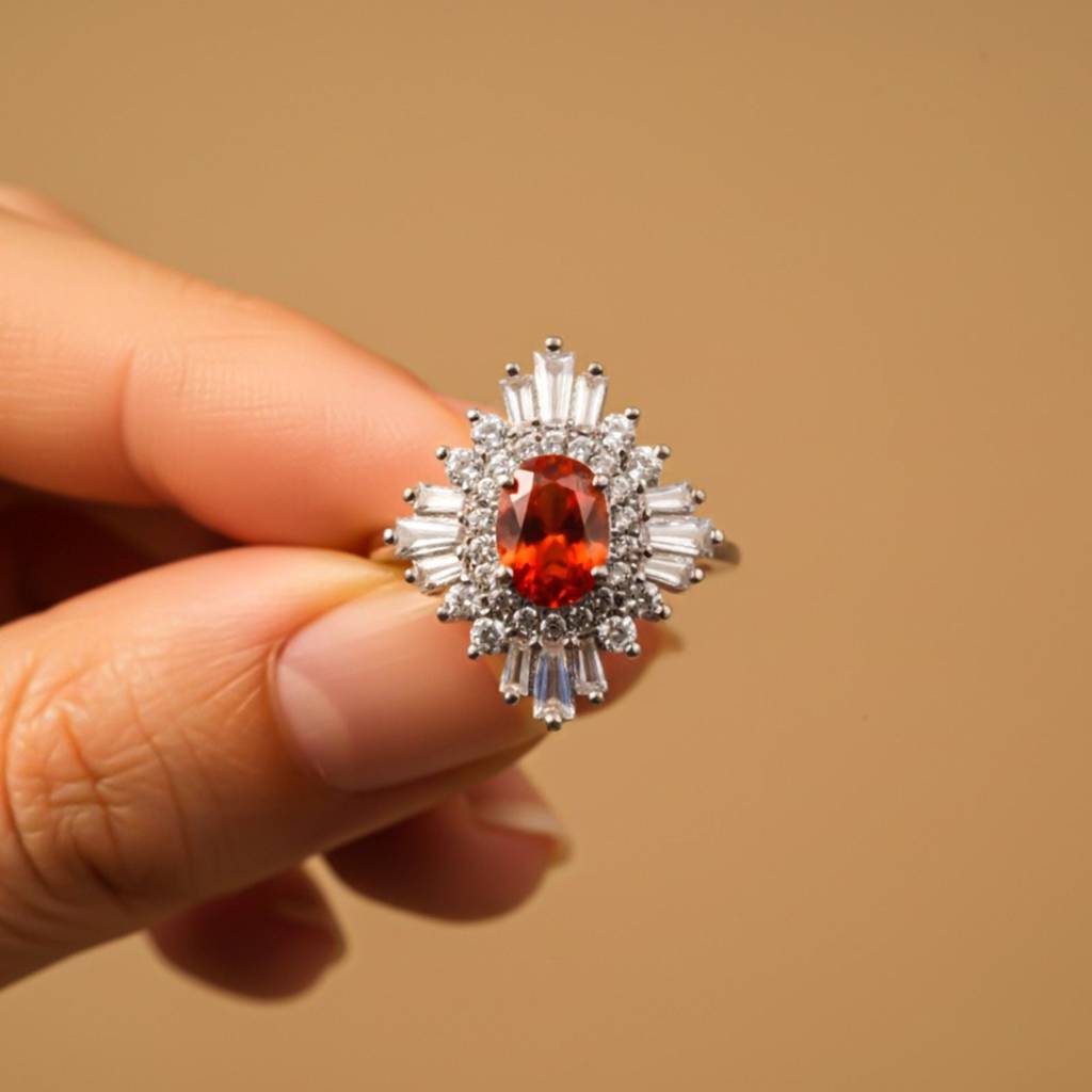 Silver Red Ruby Sunburst Halo Ring : ZLR-1214-10