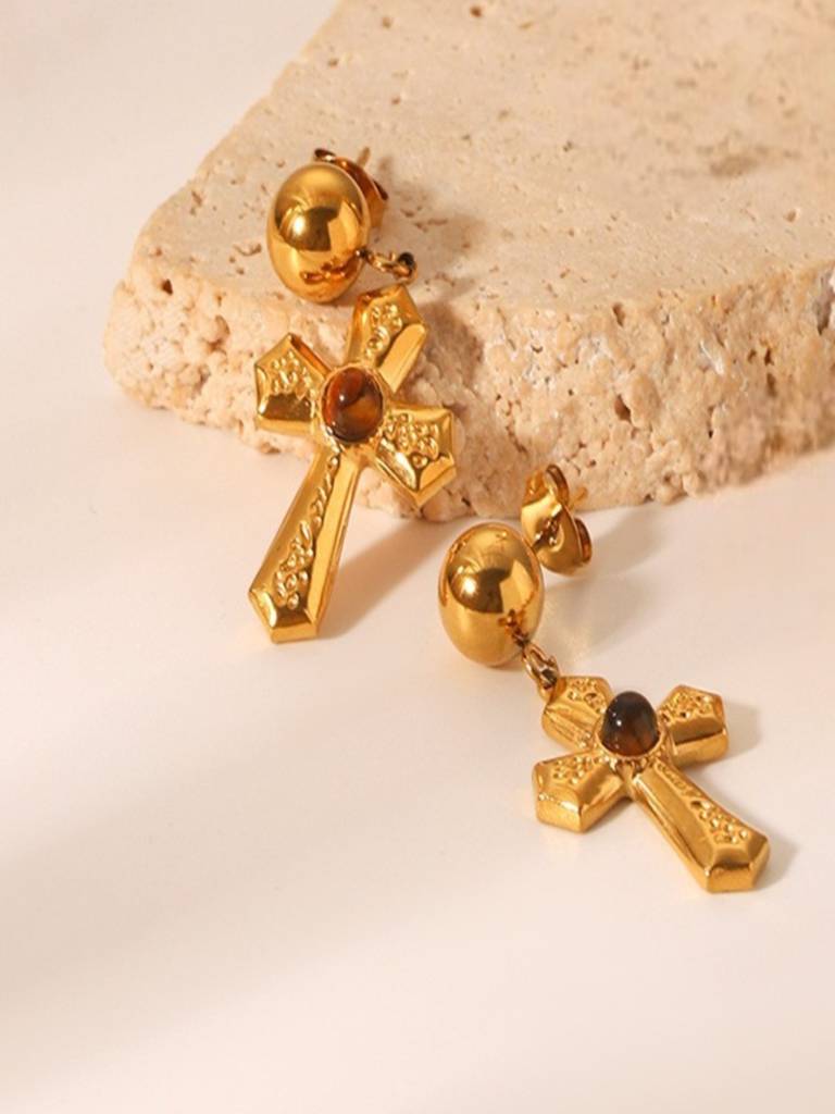 Tiger Eye Cross Drop Earrings 18K Gold Plated Anti-Tarnish Waterproof : AHC0526E751BR