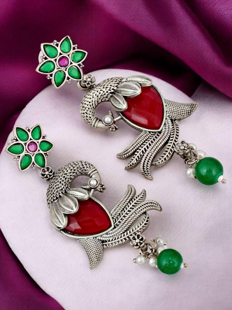 Oxidised Silver Celebrity-Inspired Earrings For Girls & Women | Peacock Earing Set : 390-KEO-14042-RG-S