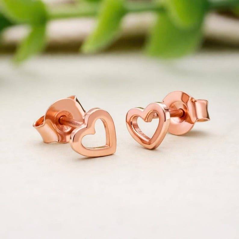 925 Silver Heart Stud Earrings Rose Gold Finish Dainty Love : SE_000912
