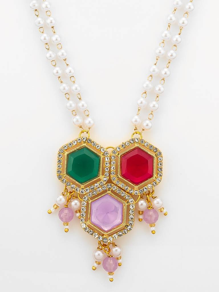 Gold Plated Multi-Stone Pearl String Necklace Set With Pendant : NK4883