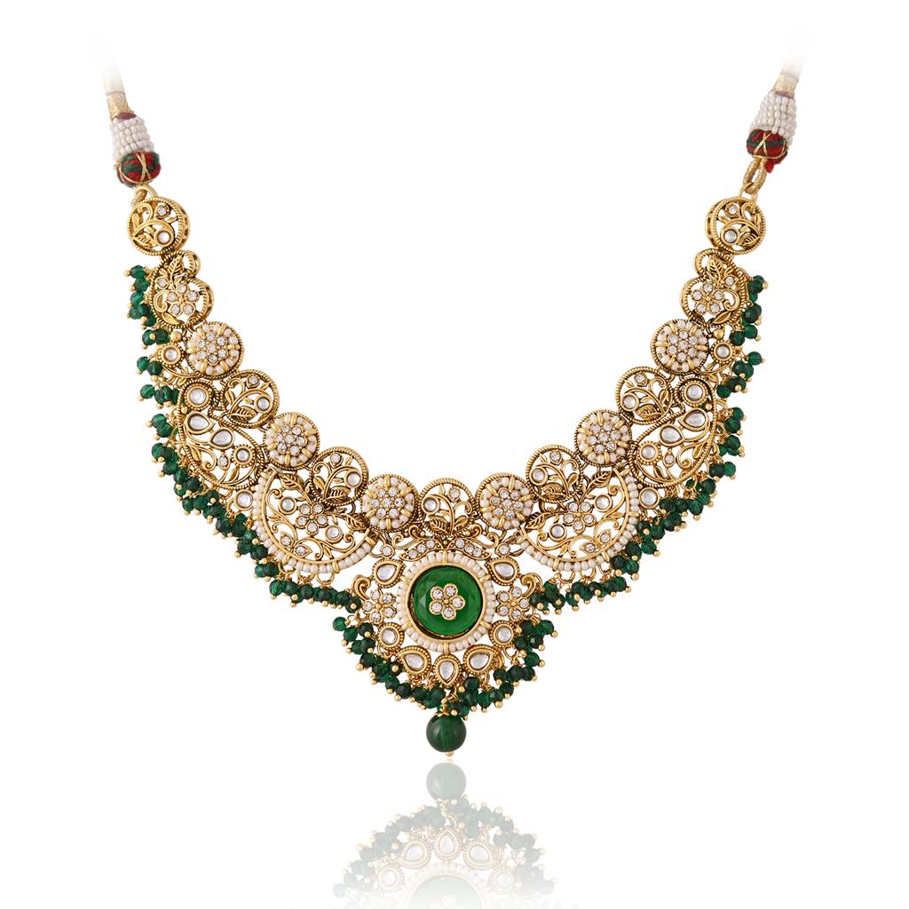 Kundan Opulance Green Cz-Pearl Yellow Gold-Plated Short Necklace Set : 8905124585315