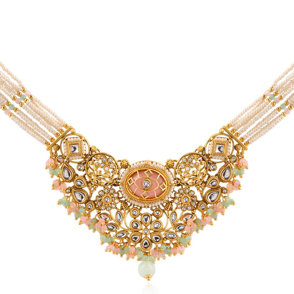 Kundan Opulance Light Pink Multi Cz-Pearl Yellow Gold-Plated Short Necklace Set : 8905124585353