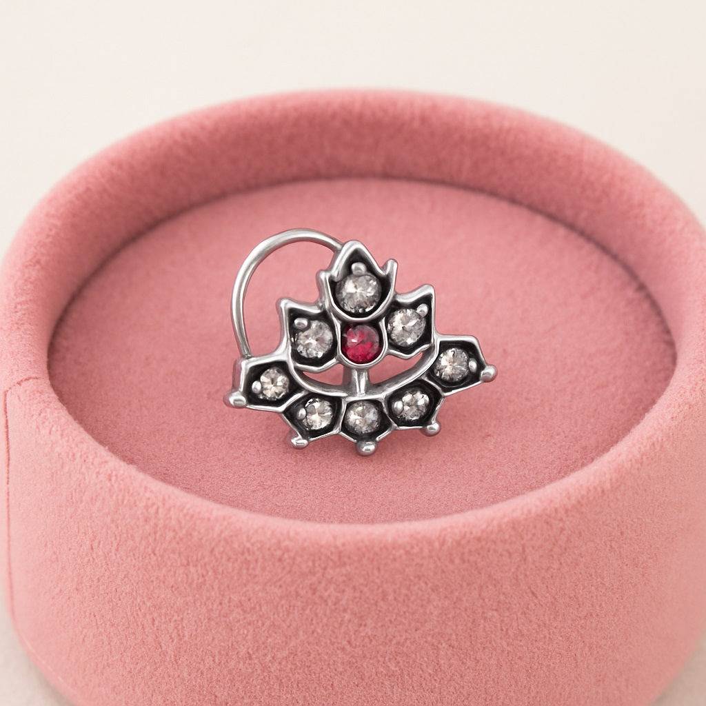 Ruby Pink & White Cz Stones Lotus Nose Pin - 925 Oxidized Sterling Silver : NP-00037_925S_OX_RBGF