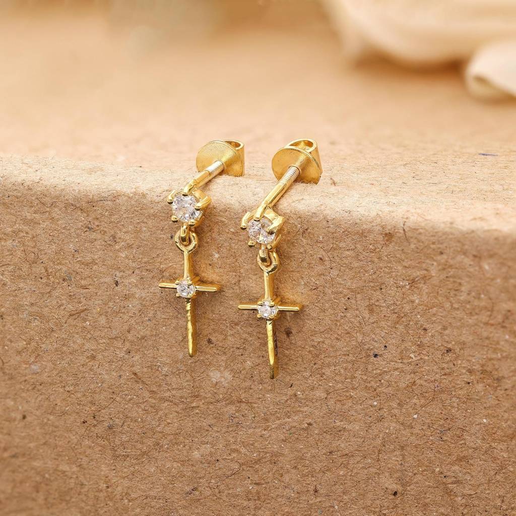 925 Silver Cross Cz Drop Earrings Gold Finish Religious : SE_001001