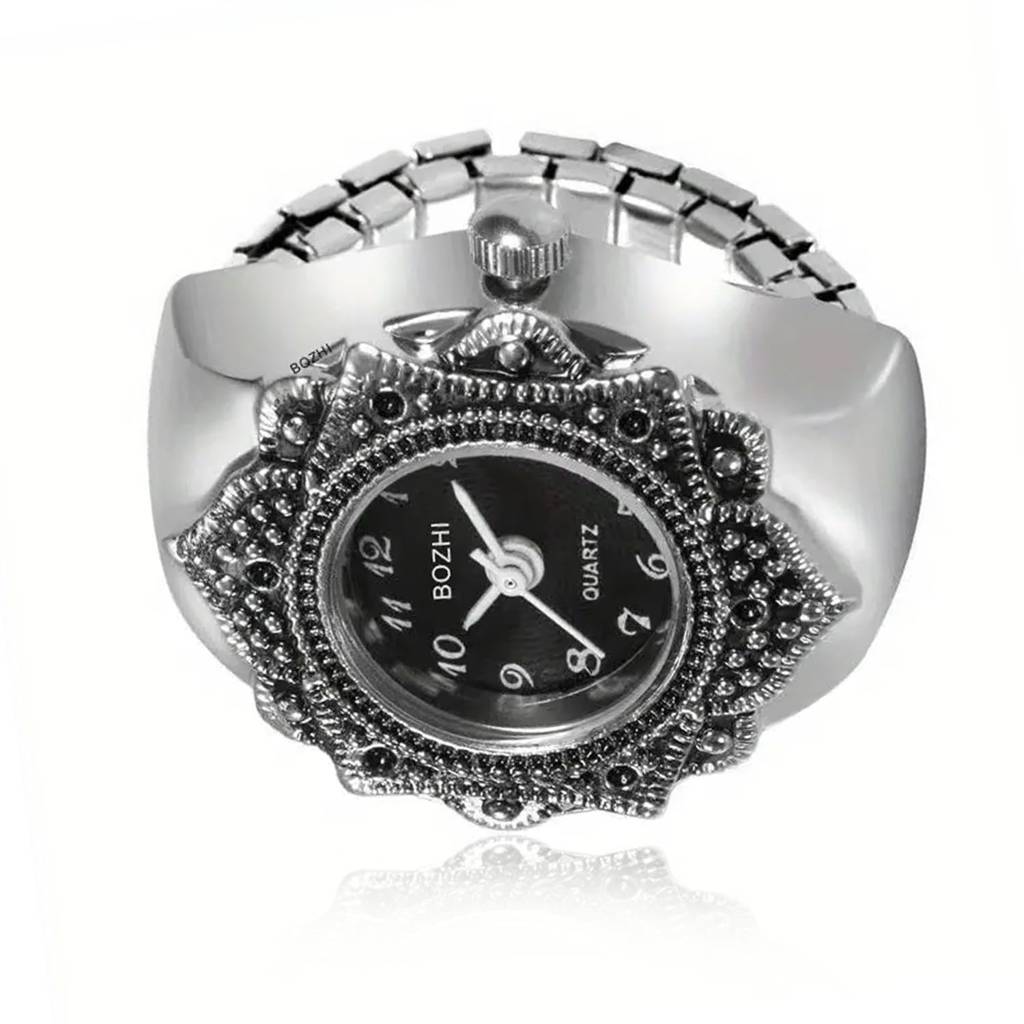 Stainless Steel Black Analog Watch Style Strechable Finger Ring Fancy Jewellery For Girls & Women (Free Size) : PX9RW07BL