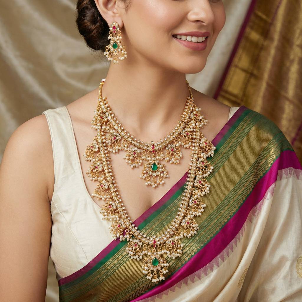 Exquisite Indian Ethnic Gold Plated 2-Piece Choker And Long Necklace Set With Pearl Tassels & Matching Earr : 2063-ISR-2302-RG