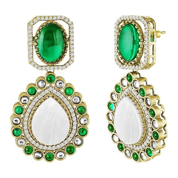 Green Pendant Style Necklace Earrings Set For Women & Girls Gold Plated Faux Emerald Mother Of Pearl & Beads Festi : PF77LS02G
