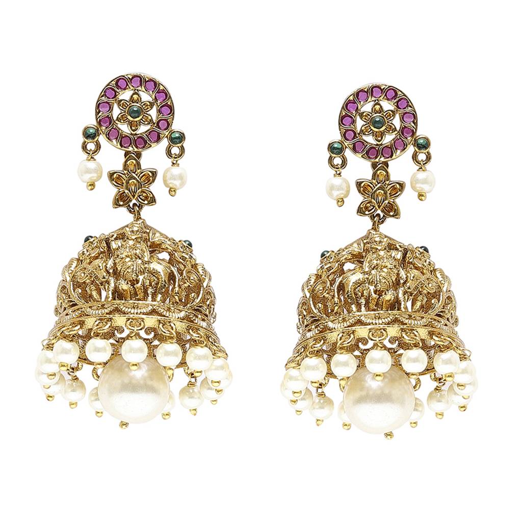 Temple Inspired Faux Pearls And Cz Gems Brass Gold Plated Jewellery Set : 8905124465433