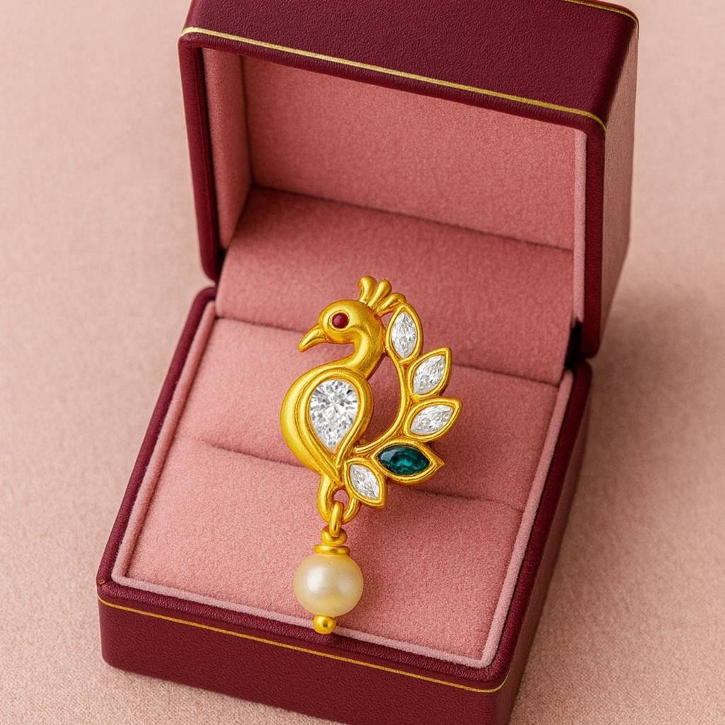 Colorful Peacock Motif With Pearl Drop Nose Pin 925 Sterling Silver Gold Plated : NP-0031-N-1-snp-0026