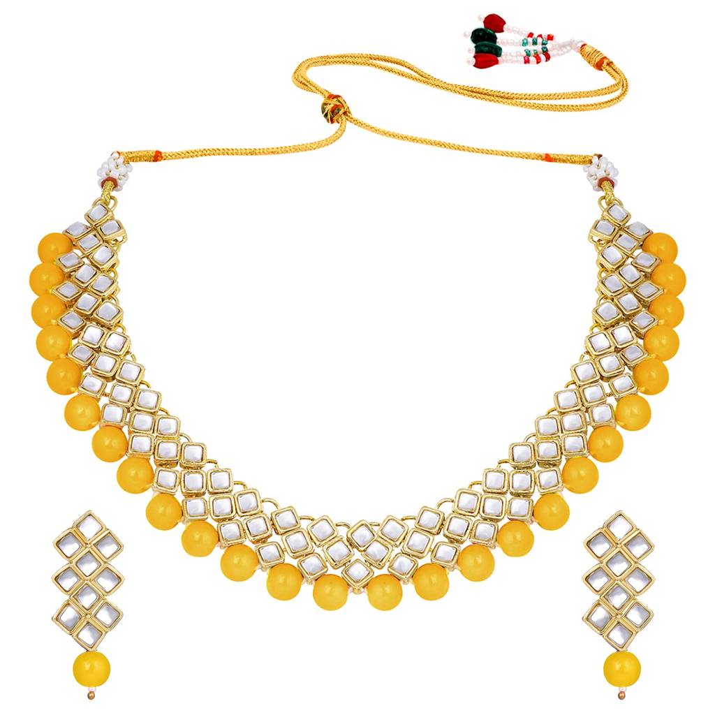 Gold Plated Indian Ethnic Kundan Pearl Fancy Bridal Traditional Choker Necklace Jewellery Set With Earrings For W : PF25N1018Y