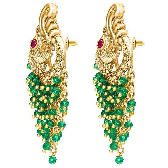 Green Ethnic Dangle Earrings For Women & Girls Gold Plated Faux Ruby & Beads Studded Festive Bridal Jewellery Bir : PF47E07GRN