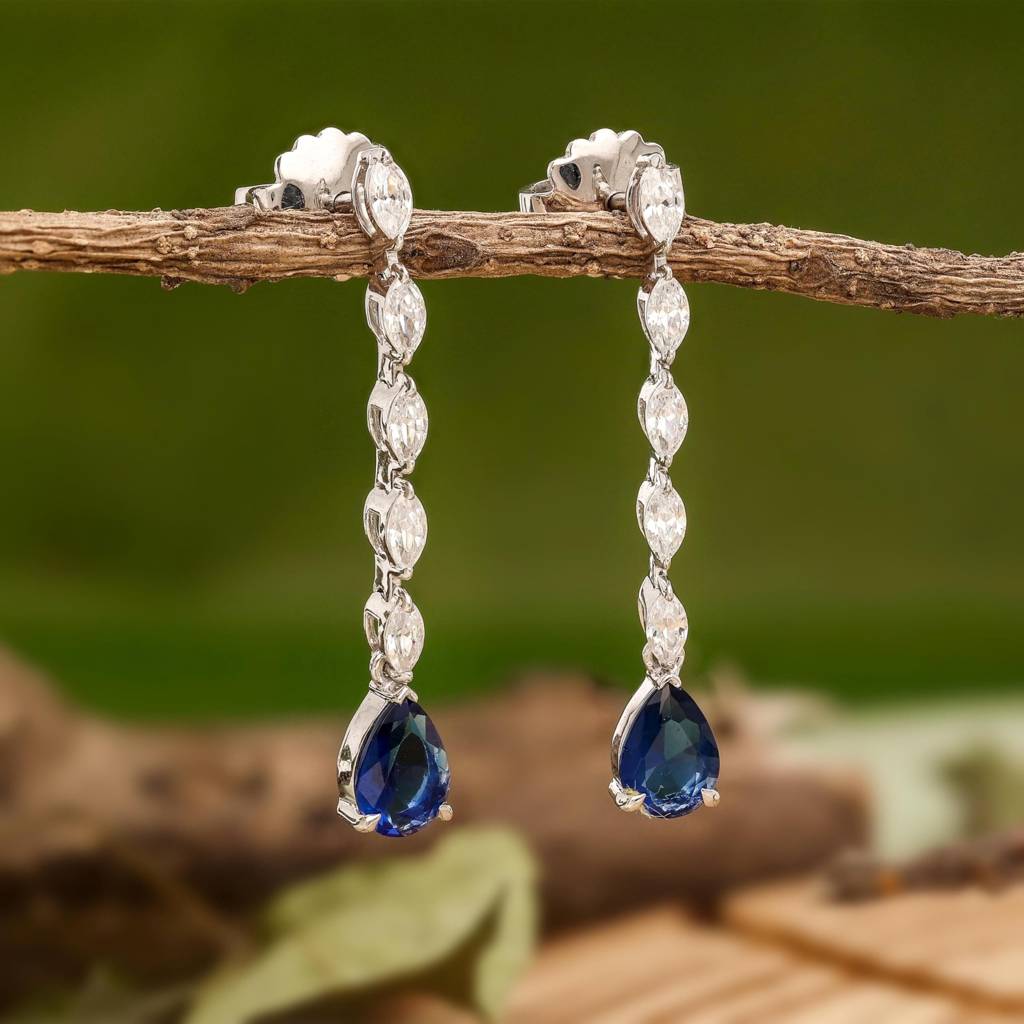 925 Silver Blue Teardrop Cz Dangle Earrings Bridal : SE_000961