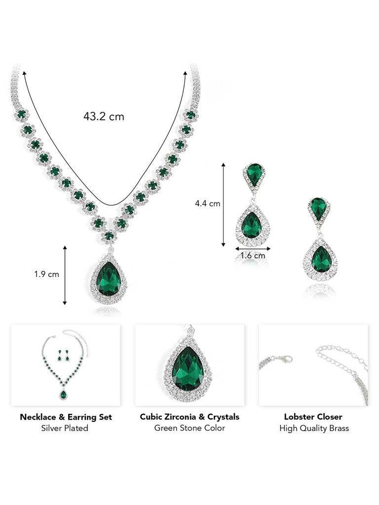 Peora Silver Plated Cubic Zirconia & Crystal Studded Teardrop Tassel Necklace With Drop Earrings Set Stylish Fash : PX9N144GRN