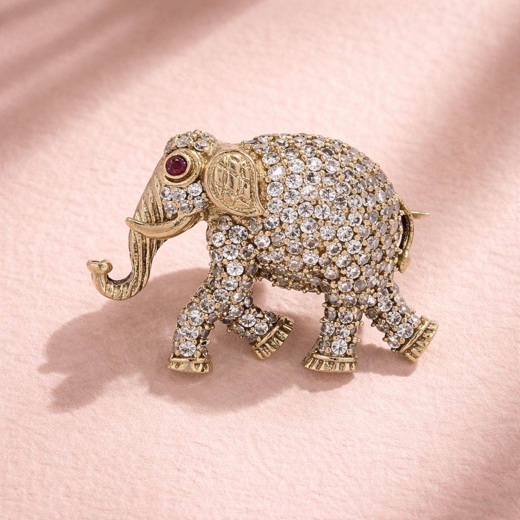Antique Gold Finish Diamond Studded Elephant Unisex Brooch With Ruby Detailing : 900010