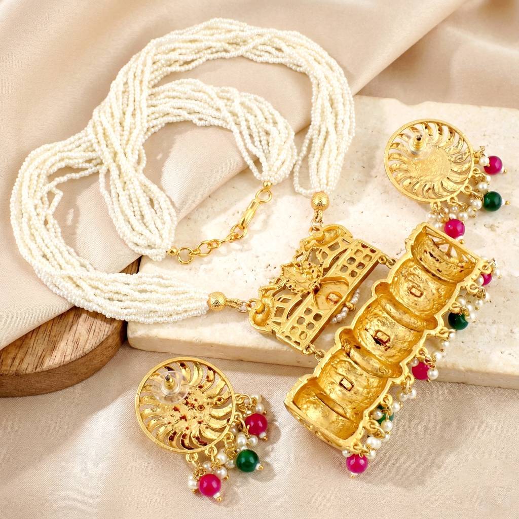 Gold-Tone Temple Pearl Necklace Set With Matching Earrings – Traditional Party & Wedding Wear : 1215-KSM-35204-RG
