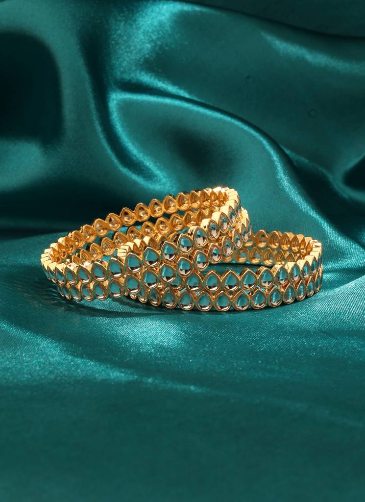 Modern Oval Shape White Kundan Stone Gold Plated Set Of 2 Bangle Set For Women And Girls : 6BG11_GOLD_210