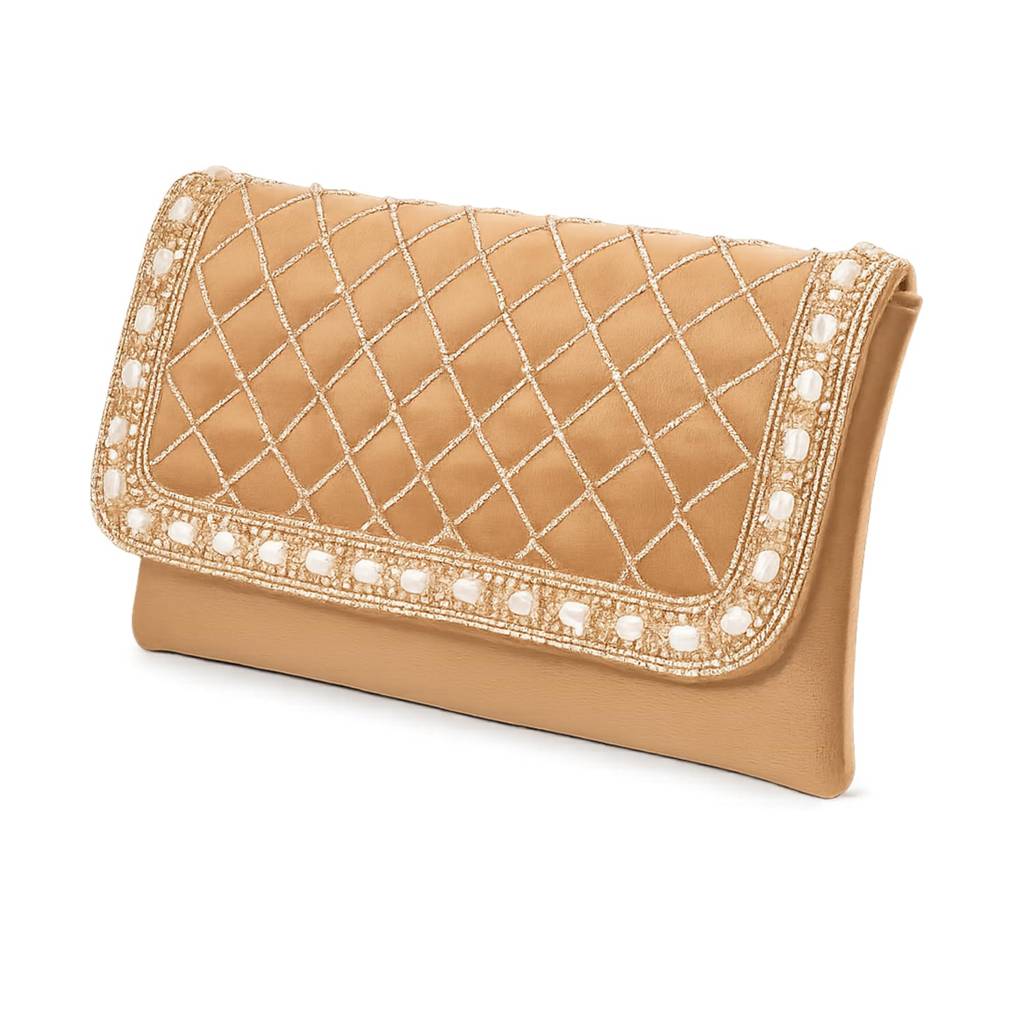 Quilted Pearl Embellished Clutch Bag For Women | Gold Beaded Strap | Wedding Festive Evening Purse : C189BR